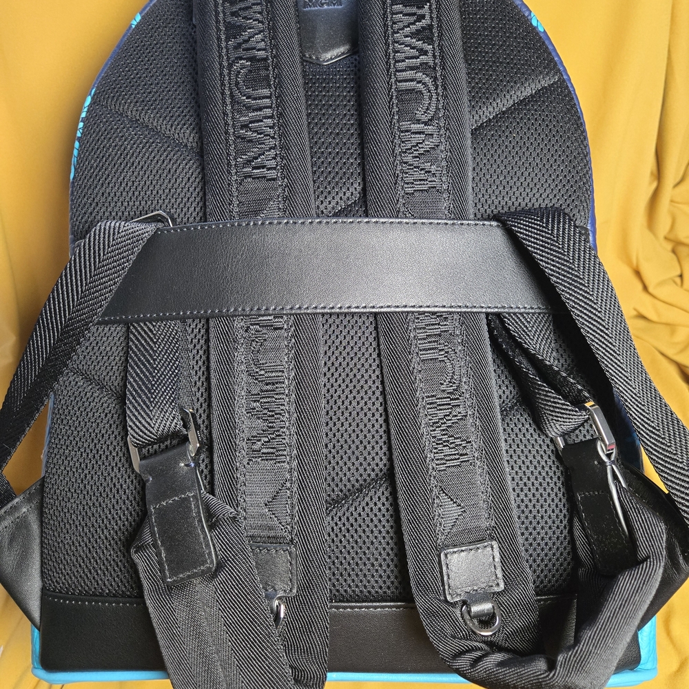 MCM Men’s Black & Teal Palm-Print Leather Backpack - Picture 3 of 5